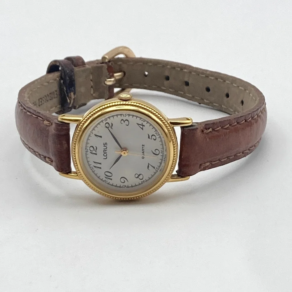 Vintage Lorus Women's Watch 24mm Gold Tone V811-1920 Brown Band New Battery 8.5